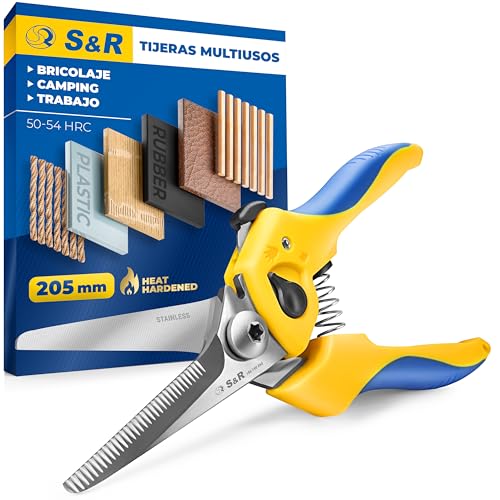 S&R Tijeras Multifunción Electricista Bricolaje para Cables Tela de Caucho Vaqueros Cuerda Plástico 205mm. Cizallas de Acero inoxidable HRC 50-54…