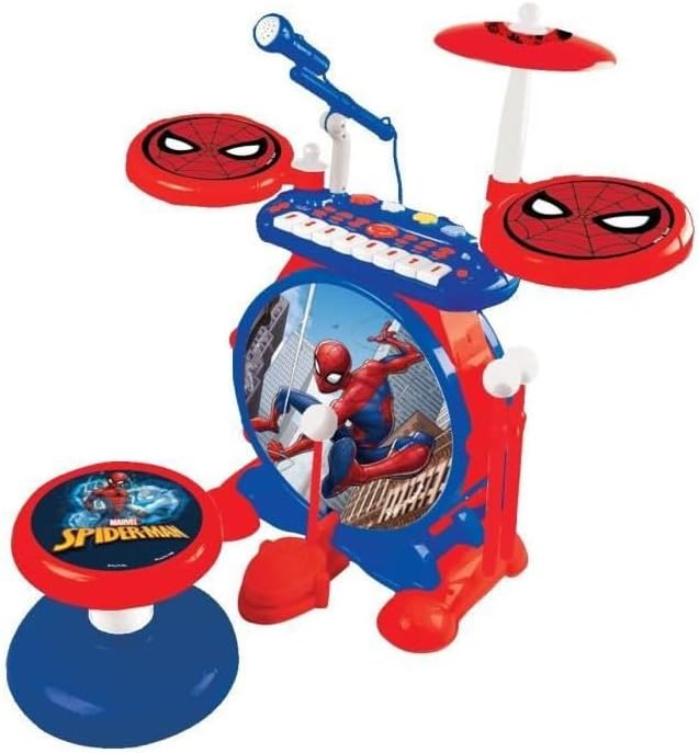 LEXIBOOK K610SP Spider-Man Electronic Set for Children, Musical Toy Game, Realistic Drum Sound, 8-Keys Keyboard, MP3 Plug, seat Included, Blue/red