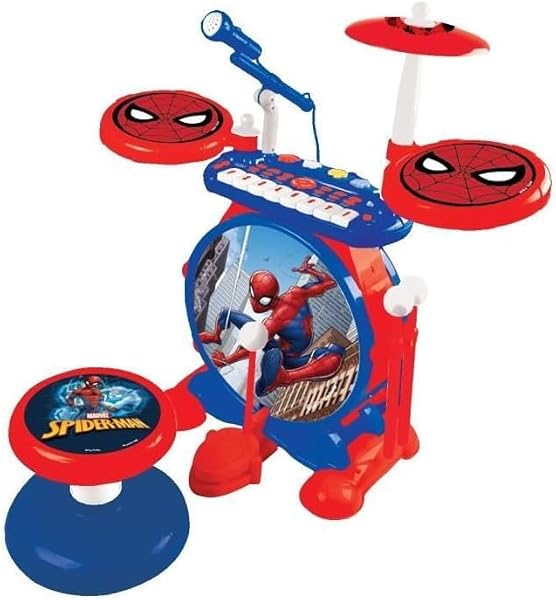 Lexibook, Spider-Man, Batterie Électronique pour Enfant, Jeu Musical, Jouet Mixte, Vrai Son de Batterie, Clavier 8 Notes, Prise pour MP3, siège Inclus, Bleu/Rouge, K610SP - 1