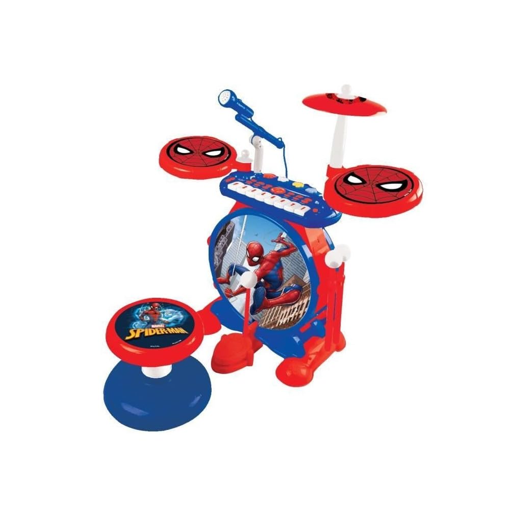 Lexibook, Spider-Man, Juego electrónico para niños, Juego Musical de Juguete, Sonido de batería Realista, Teclado de 8 Teclas, MP3 Plug, Asiento Incluido, Azul/Rojo, K610SP