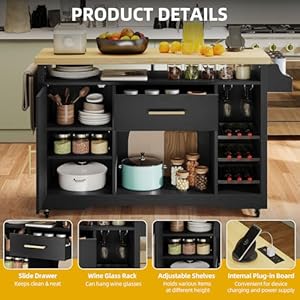 Dwvo 53 inch kitchen island with power outlet wine storage farmhouse island cabinet portable rolling islands cart on wheels with thick table top drawer glass holder spice rack black  urban country home decor