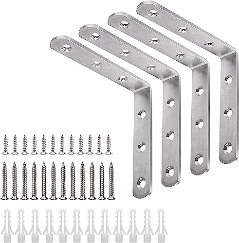 Image of YUMORE Stainless Steel Corner Brace 90 Degree Corner Bracket 100x100mm Right Angle L Brackets Small Wall Shelf Support, 6Pcs, Brushed Finish, with Screws
