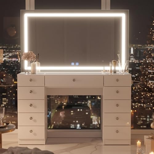 Boahaus Amelia Large Makeup Vanity Desk with Dimmable LED, 2 Bluetooth Speakers, USB Type C & Type A, 110 V Power Outlet, 11 Drawers, Crystal Knobs, Premium White