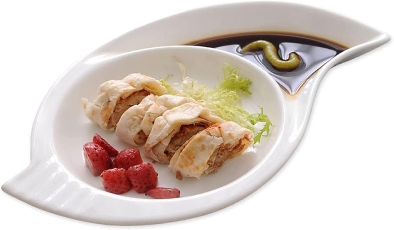 Dumpling plate with sauce dish,Fries Dish,Ceramic Chip and Dip Bowls, Dip and Chips Serving Dish, Chip Dip Serving Platter, Fits Sushi, Dumpling, Snack-9Inch (Color : Bianco, Size : 9Inch) (Color : W