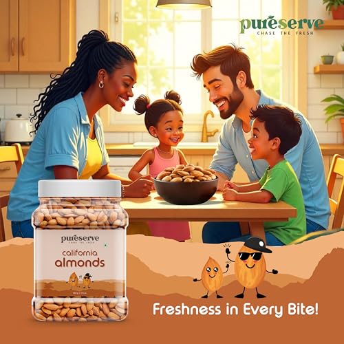 Image of Pureserve Natural California Almonds 1Kg (500g*2) - Whole Badam Giri | High in Protein, Fiber & Essential Nutrients | Boosts Immunity & Energy | 100% Natural, Gluten-Free Superfood | Jar Pack OF 2
