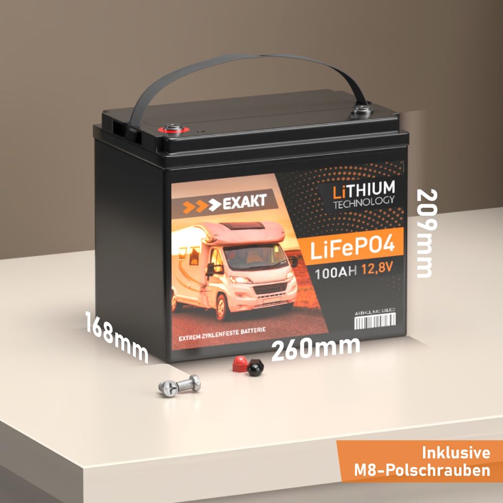 EXAKT LiFePO4 100Ah 12V inkl. BMS Lithium Batterie Solarbatterie Akku Wohnmobil Solar Bootsbatterie USV
