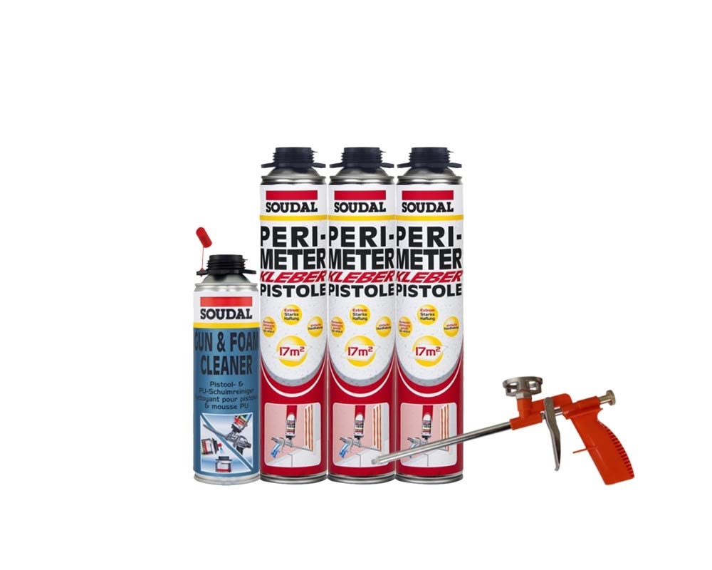 Soudal Juego combinado de 3 botes de pegamento perimetral de 750 ml + 1 limpiador Soudal de poliuretano de 500 ml + pistola de espuma Compact