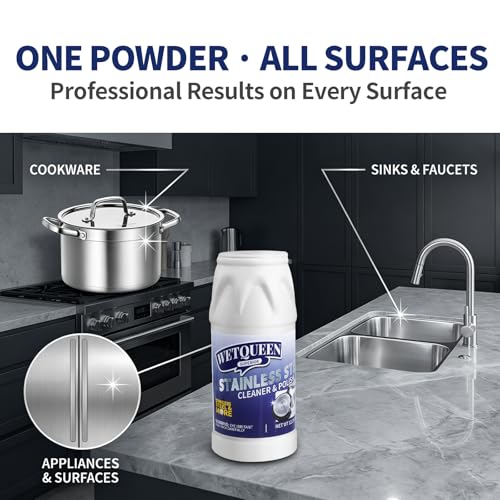 WETQUEEN Stainless Steel Cleaner and Polish Kit - Heavy Duty Cookware Cleanser Powder with 3 Pads - Removes Burnt Stains, Rust, Water Spots & Grease from Pots, Pans, Sinks & Appliances (12.35 oz)