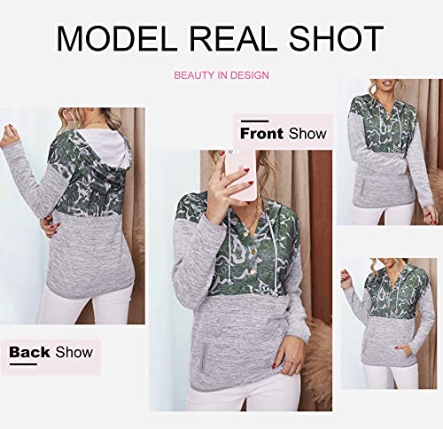 Dokotoo Women's Ladies Winter Fashion Button Collar Camo Camouflage Patchwork Color Block Long Sleeve Knit Stitching Drawstring Hoodies & Sweatshirts Women Pullover Casual T Shirts Tops Xx-Large #TOP3