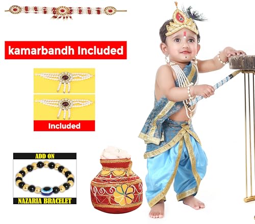 Image of Krishna Dress for Kids, Baby Krishna Dress for Janmashtami with Krishna Mukut, Peacock Feather & Flute Embroidered Krishna Costume for Girl & Boy, 3 Months-8 Years