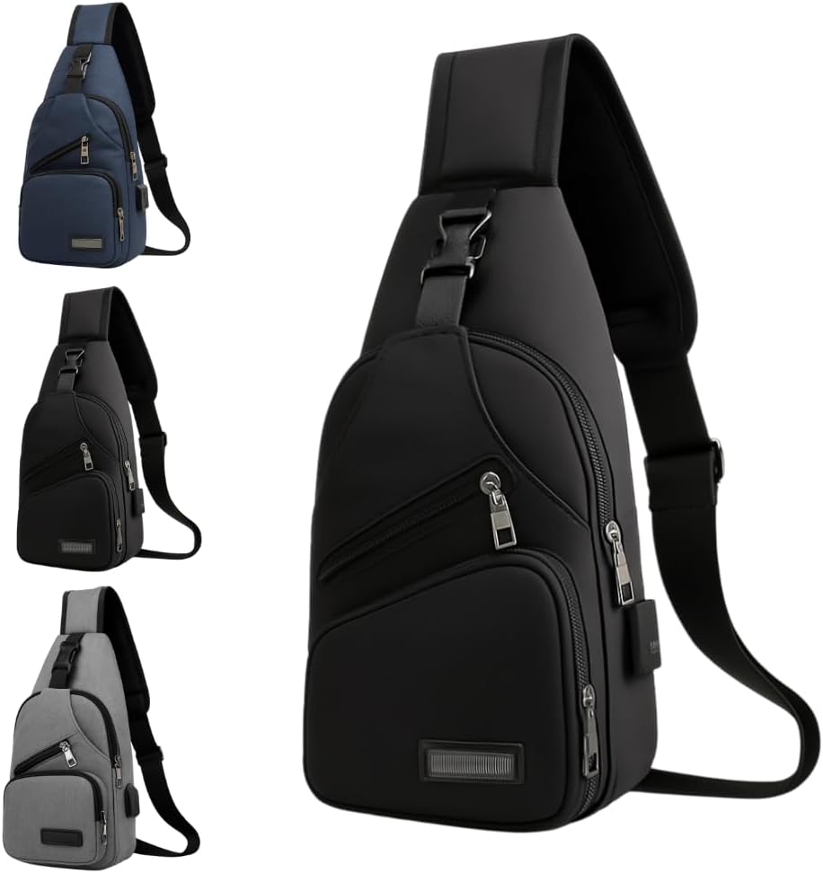 Mochila Transversal Unissex com Porta USB, Bolsos Múltiplos, Impermeável, Disponível em Azul, Preto e Cinza