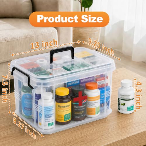 Image of 15QT Clear Medicine Organizer Box with Handle, Plastic Dorm Medicine Box with Tray, Empty First Aid Boxes, Thickened Medicine Storage Organizer, Multipurpose Medication Organizer Storage, Clear