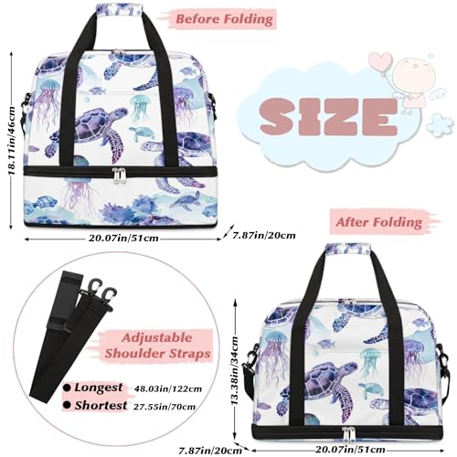 Travel Duffel Bag with Shoe Compartment, Turtle Jellyfish Shoulder Weekender Bags for Women, Foldable Waterproof Travel Bag Carry on Bag2