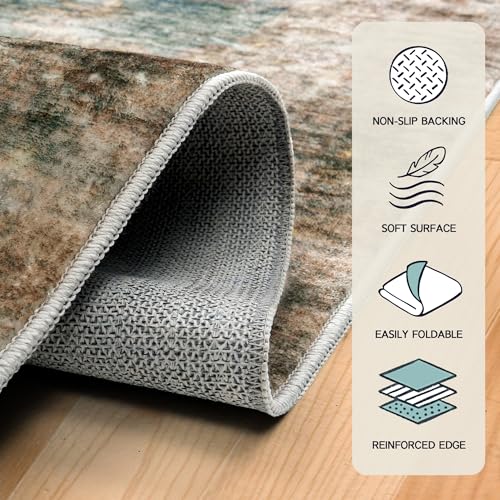 Image of AMERLIFE 5'x8' Area Rug, Machine Washable Vintage Area Rug- Soft Carpet with Non-Slip Backing for Living Room, Bedroom, Nursery- Blue