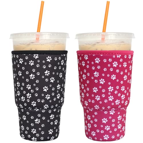 LOVAC - Paquete de 2 fundas reutilizables para café helado, portavasos de neopreno para bebidas frías de gran tamaño, huella de pata, 32 onzas