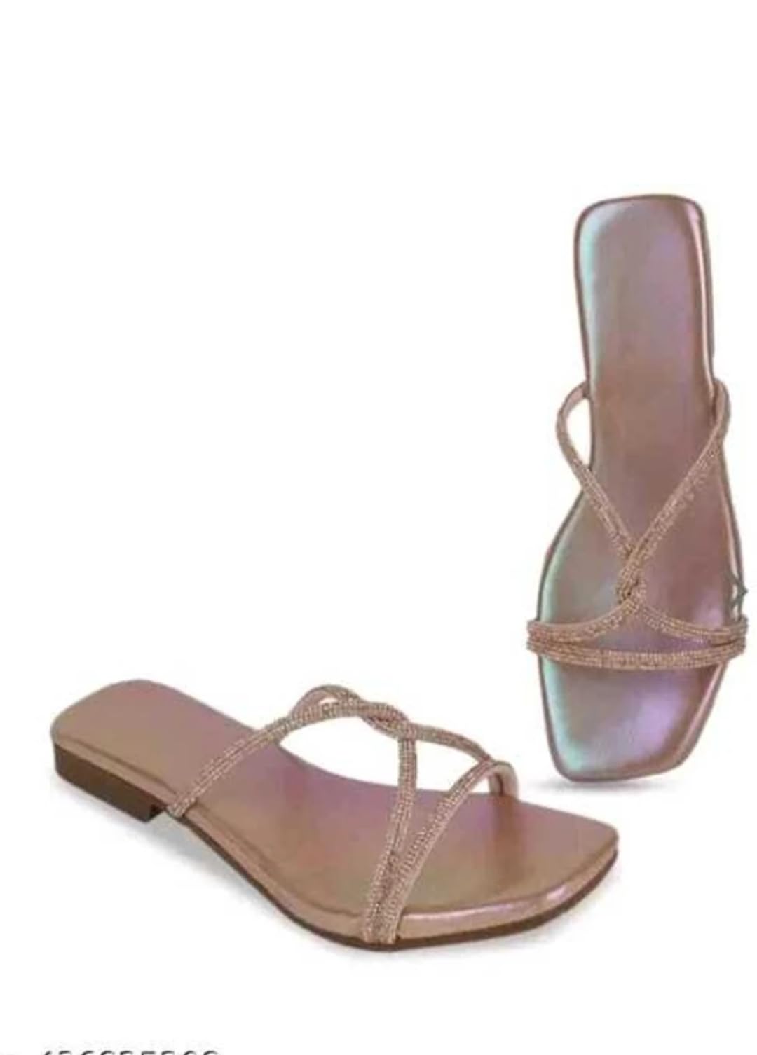 clbohara Women's Rose Gold Rhinestone Strappy Flat Slide Sandals-picture-20
