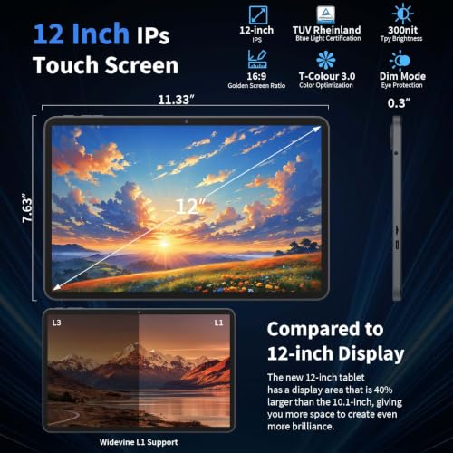 Image of 12 inch Tablet with Keyboard - 2026 Gemini AI Android 16 Tablet, Black Case | 24GB+256GB+2TB Expand, 2K Tablets PC with 8-Core, 8000mAh, 120Hz 2000x1200, GMS, 2 in 1 Large Tablets with Case,Mouse,Stylus