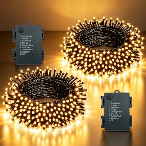MOLVCE Guirnalda Luces Pilas Luces LED 8 Modo Impermeable Temporizador para Exterior o Interiores Cadena Decoración 5m 50LEDs, 2 Pack, Decorativas para Navidad, Halloween, Boda, Blanco Cálido