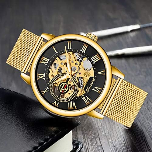 Miniatura 3 de Dentily Reloj de esqueleto para hombre clásico con número romano Steampunk Reloj mecánico Relojes de viento para hombre (azul)