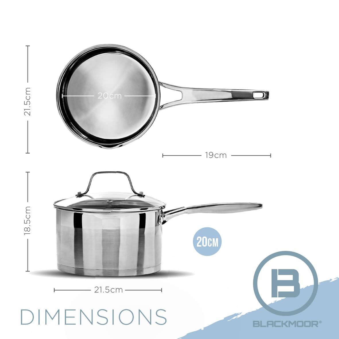 Blackmoor Cacerola de acero inoxidable de 20 cm con tapa/alta calidad, sin PFAS, apta para todo tipo de fuegos, incluyendo inducción y cocción al horno/gama Pro 65219