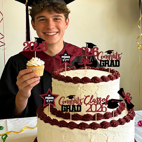 Image of 48 PCS Graduation Cupcake Toppers 2026, 6 Styles Grad Cake Topper, Congrats Graduation Decorations, Black and Burgundy Glittery Cap and Diploma Cake Picks for Grad Party Decor Supplies