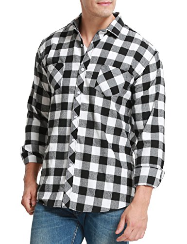 Dioufond Plaid Flannel Shirt for Men Long Sleeve Buffalo Check Shirts Black and White Flannel 3XL