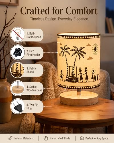 Image of Homesake Pine Table Lamp Wooden Bedside Lamp Simple Bedroom Light Linen Shade Mini Desk Lamp Nightstand Lamp for Bedroom, Living Room, Gift, (Warli Art of India Shade Cylinder)