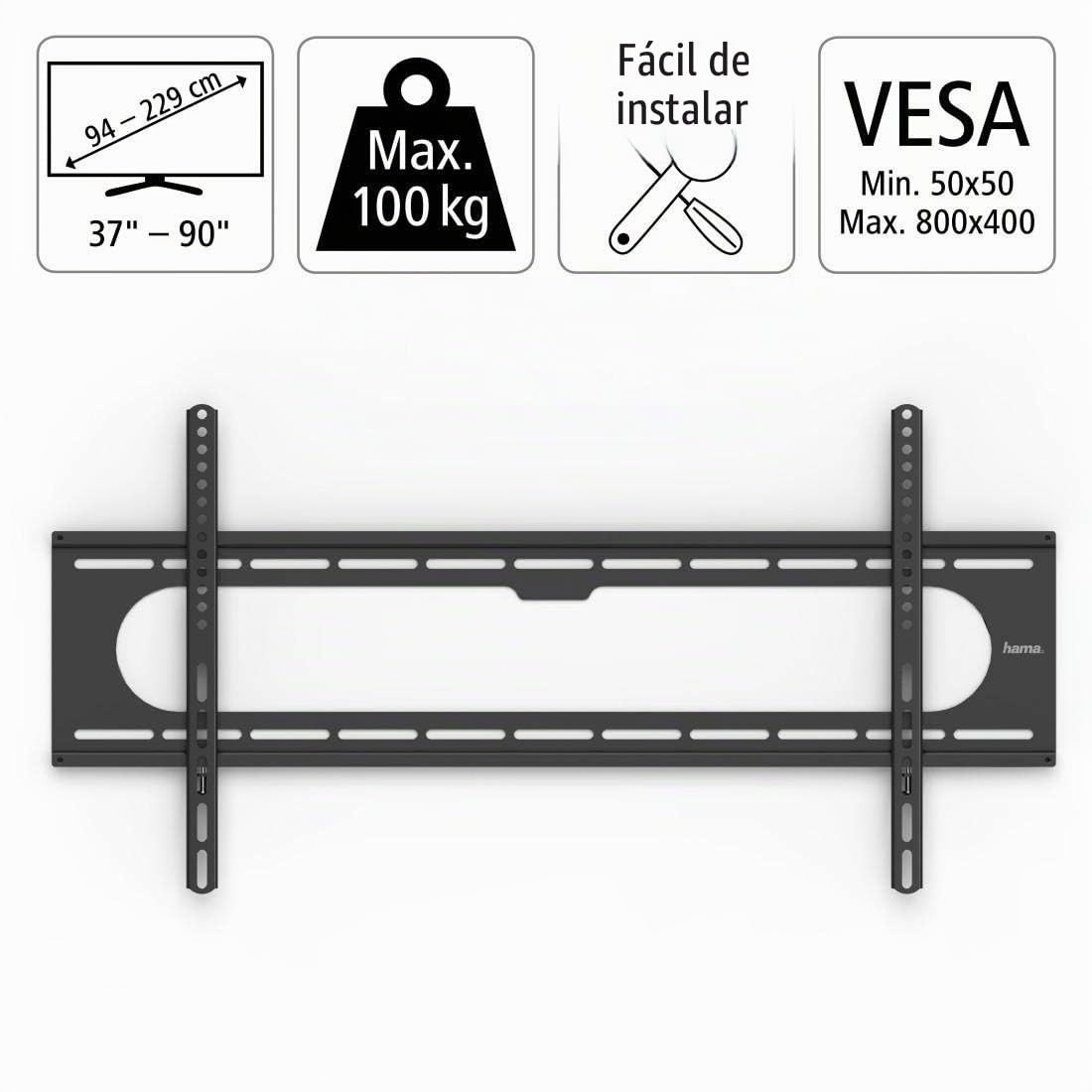 Hama Soporte de Pared para televisores de hasta 100 kg, máx. VESA 800 x 400, Soporte de Pared Fijo con mínima Distancia a la Pared, Incluye Tacos Fischer e Instrucciones de Montaje, Color Negro
