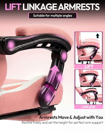 Image of Dowinx Ergonomic Gaming Chair with Footrest & Massage Lumbar, 2D-Linkage Armrests for Computer Chair 330lbs with Headrest Pillow for Office, Home, Streaming and Long Gaming Sessions, Fabric Pink White