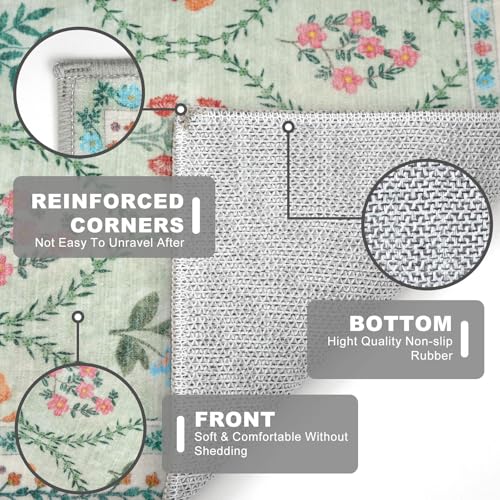 KILOCOCO 2x6 Runner Rug, Moroccan Super Soft Washable Hallway Entryway Runner Rug, Accent Print Faux Wool Kitchen Runner Rug 6 Feet Non-Slip Boho Rug Runner for Laundry Room Bedroom, Green