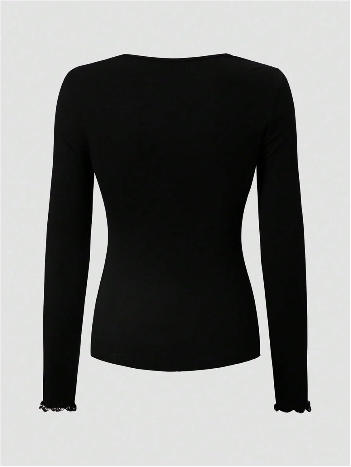 WDIRARA Women's Lace Trim Sweetheart Neck T Shirts Contrast Mesh Long Sleeve Tee Fitted Tops - Image 4