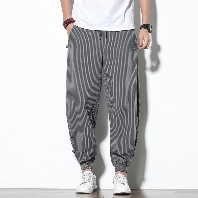 Men Striped Harem Pants Cotton Linen Pencil Pants Buckle Casual Trousers2