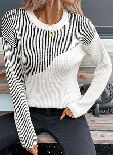 Sidefeel Womens Long Sleeve Crewneck Color Block Pullover Sweaters Casual Striped Loose Knit Tops Trendy Fall Outfits3
