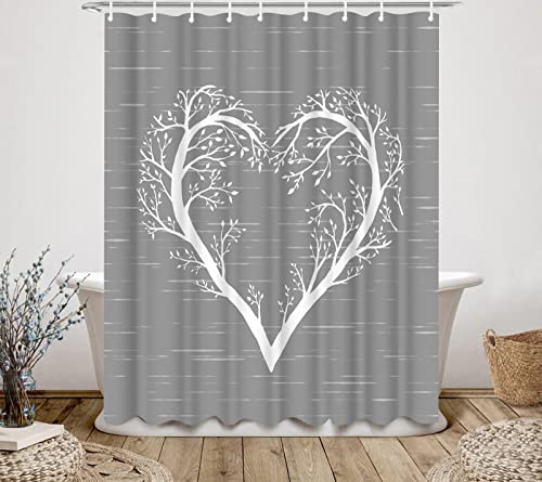 Ryounoart Tree Of Life Shower Curtain Fabric White Heart Shaped Tree Branch Bathroom Decor Romantic Love Gray Curtain Waterproof With Hooks 72"X72" #TOP3