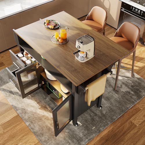 Isla de cocina con divisores extraíbles, carro comedor con encimera, armario buffet, carrito comedor con vitrina de cristal de grano de madera, luces LED, toallero lateral con ruedas, color negro