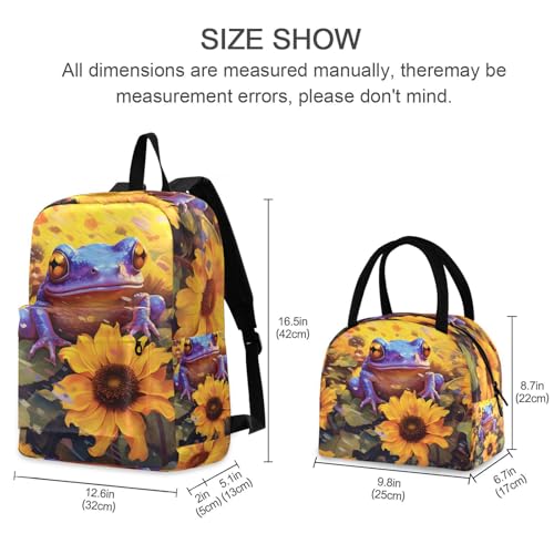 Backpack Lunch Box Set Large Capacity Travel Backpacks and Insulated Lunch Bag for Commute Hiking Picnic Sunflower Frog Print2