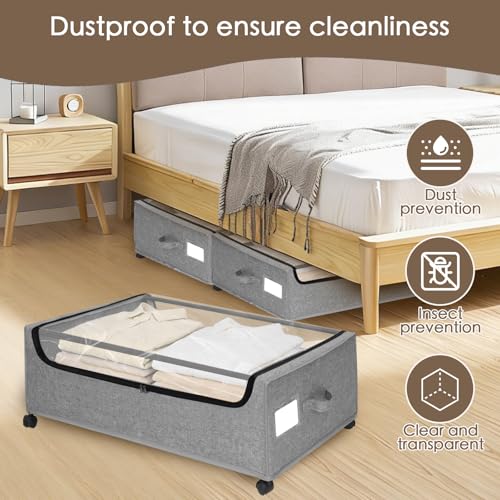 Under Bed Storage with Wheels, 2-Pack Under the Bed Storage Containers with Clear Lids & Label, Underbed Storage Bins, XXXL 85L 11 inches Rolling Metal Drawer for Clothes, Shoes, Toys, Books - Gray by JALUNIVERSAL TRI - Image 3