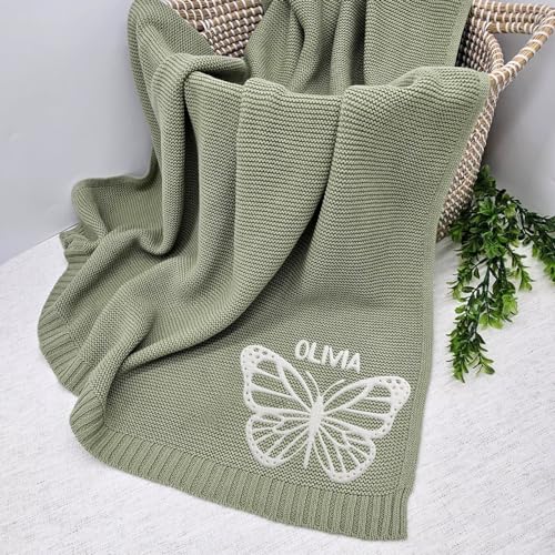 Image of Luxury Personalized Name Butterfly Baby Blanket, Embroidered Name, Soft Breathable Cotton Knit, Newborn Gift