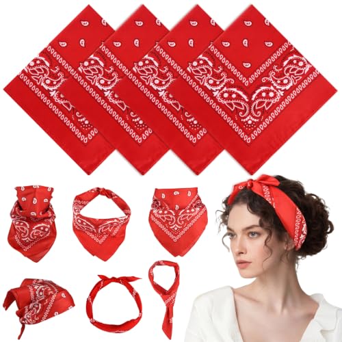 PLULON 4 Pack Red Bandanas for Men Women Paisley Pattern Bandana Bulk Headbands Men Handkerchief Face Mask Square Scarf Headwear 100% Polyester
