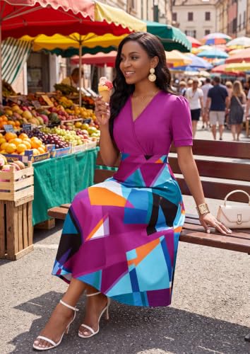 Image of MarryUP Women's Midi Dresses - V Neck Cocktail & Church Tea Dresses - Short Sleeve A-Line Swing Dress