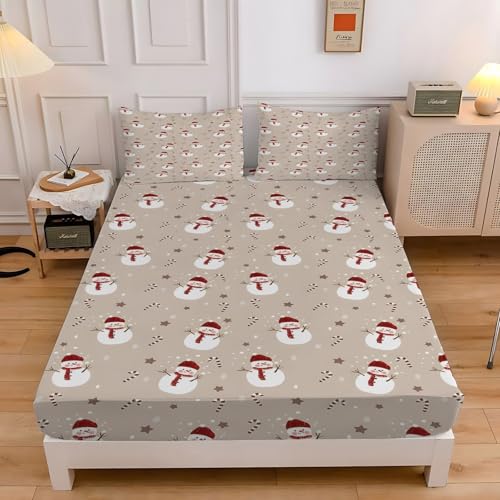 雪だるまワイドキング シーツキャンディケーンベッドカバー柔らかい通気性マイクロファイバー 3点セット防ダニ高反発 吸水 速乾 抗菌 防臭 防ダニと 2 枕カバー43x63 cm着脱簡単 丸洗い可能 マットレスカバー200x200x30 cm