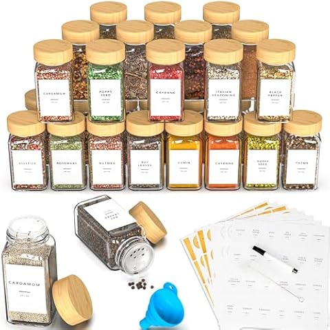 24 Glass Spice Jars with Label, Spice Jar Set with Bamboo Lids 4oz Seasoning Containers Shakers & Spice Labels, Empty Spice Bottles, Kitchen Organization Storage for Cabinet Drawer Decor Essentials Cover