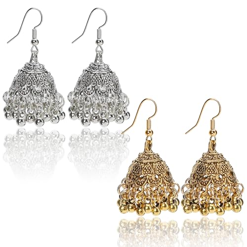 2 Pair Vintage Jhumkas Earrings 1.8'' for Women, Handmade Ethnic Antique Traditional Gold Plated Silver Earring - Small Indian Jhumki Jewelry Micro Earring Bell Tassel Drop Hanging Pendientes
