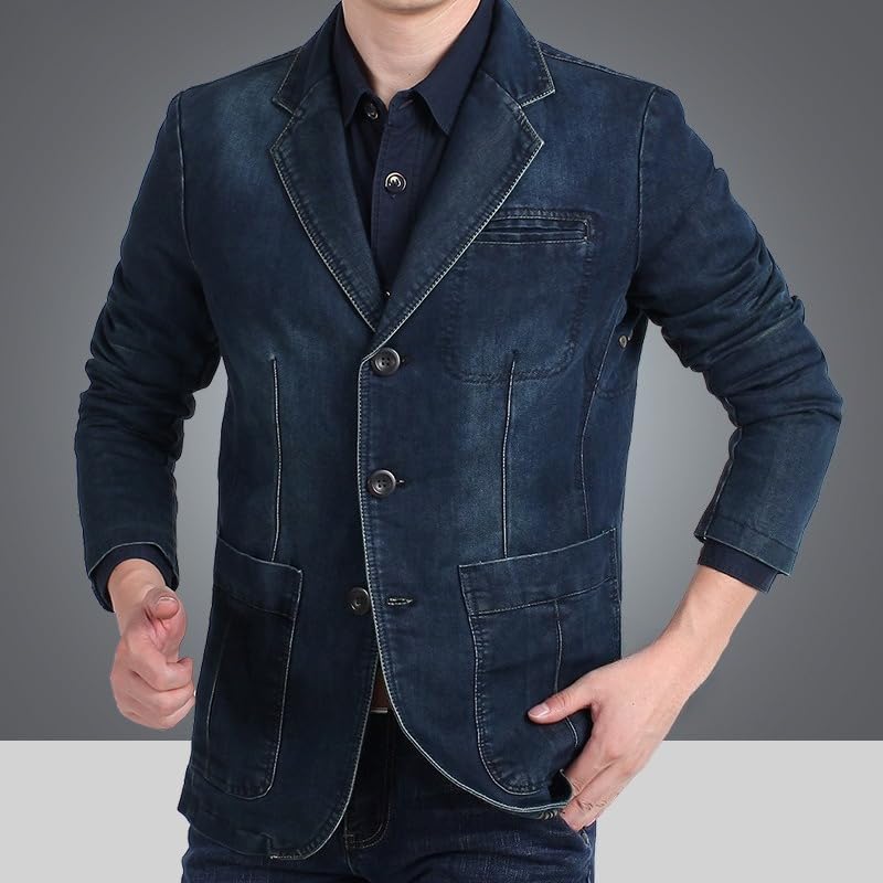 Men's Classic Notched Collar Denim Blazer Slim Fit Two Button Business Jean Jacket Fashion Casual Suit Jackets4