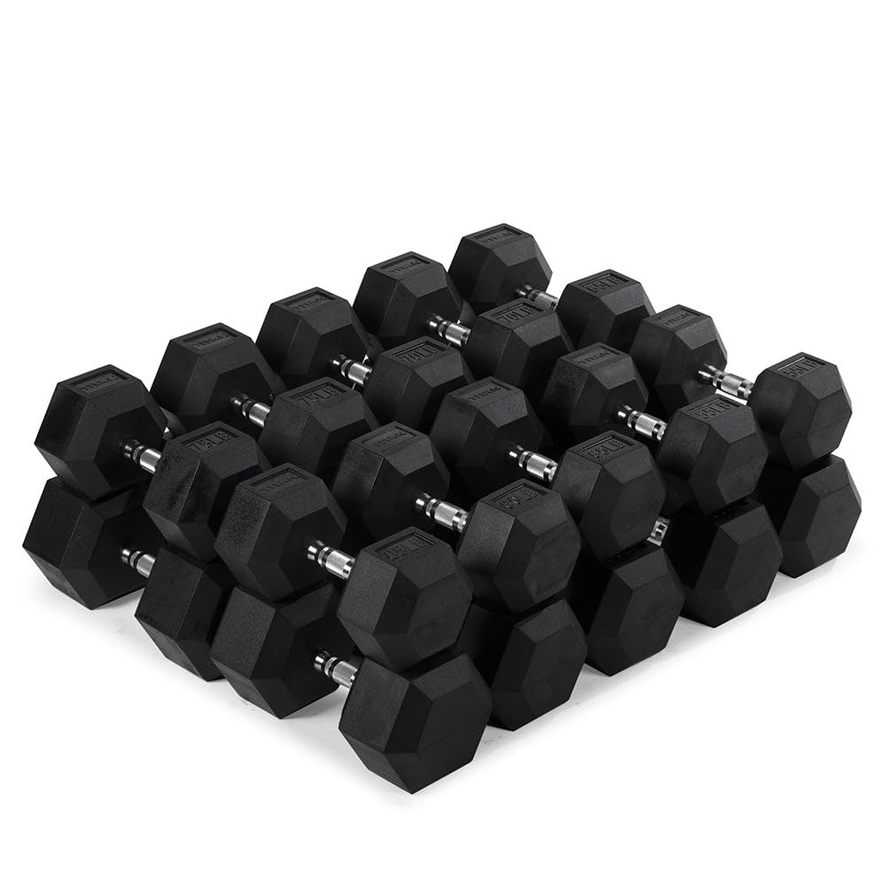Titan Fitness Rubber Hex Dumbbells 5 LB-50 LB Set of Pairs Roll-Resistant Hexagonal Free Weights Hex Dumbbell set