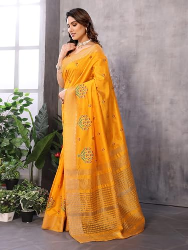 Image of StyleScope Women's Assam Cotton Silk Golden Boarder Thread Embroidered Saree With Unstitched Blouse Piece (Ulajh)
