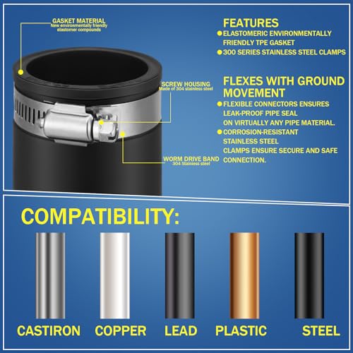 Image of Pangda 2 Pcs Flexible TPE Coupling with Stainless Steel Clamps 2 Inch | Flexible TPE Coupling, Fits Plastic and Copper Plumbing Connections, High Temperature Resistant Material
