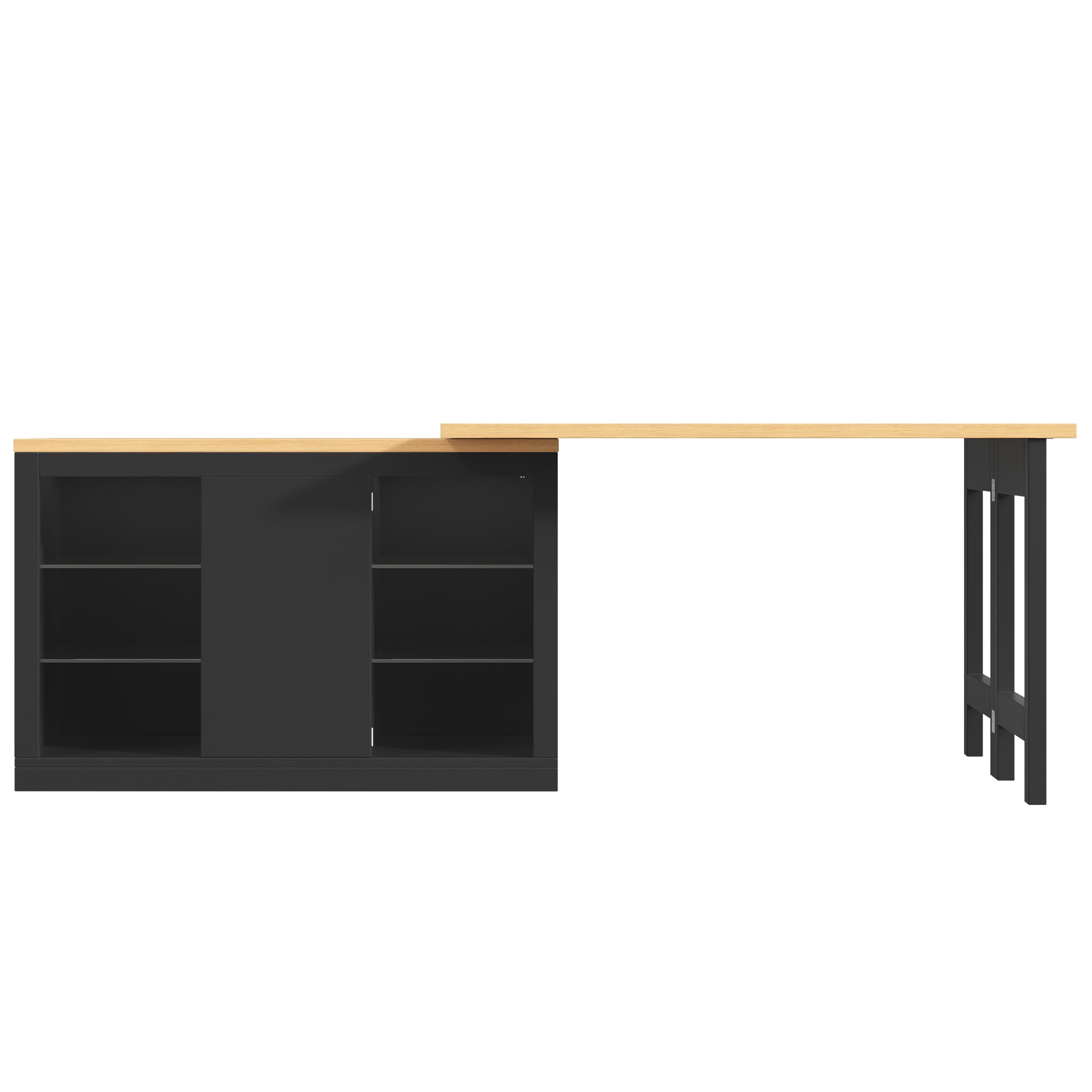 Ausziehbarer Kücheninsel-Esstisch mit App-steuerbarer LED, 120-197cm, 360° drehbar, mit magnetischen Türen & Glas-Einlegeböden, Schwarz, belastbar bis 60kg