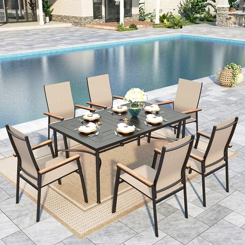 Image of Sophia & William Outdoor Dining Set 7 Pieces, 6 x Aluminum Patio Dining Chairs and Large 64 inch Metal Dining Table, Space-Saving and Lightweight for Patio Lawn Garden (Beige)