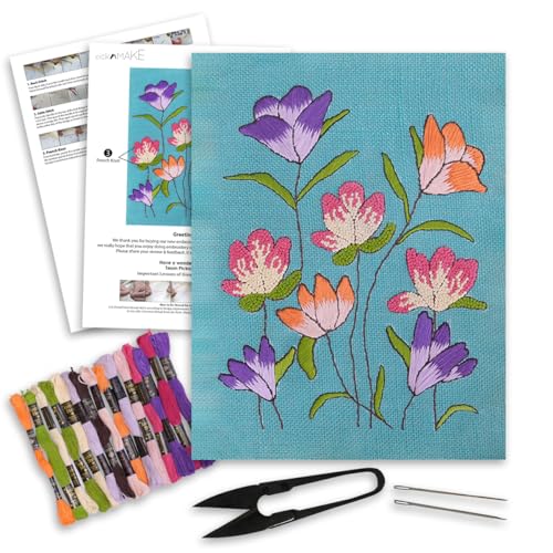Image of picknMAKE Hoop-Free Needle Stitch Blooming Threads Diy Hand Embroidery Kit Set For Adults,Stiff Jute Fabric Art Craft Work,Printed Floral Design With Threads,Needles,Cutter & Instruction,Multicolor